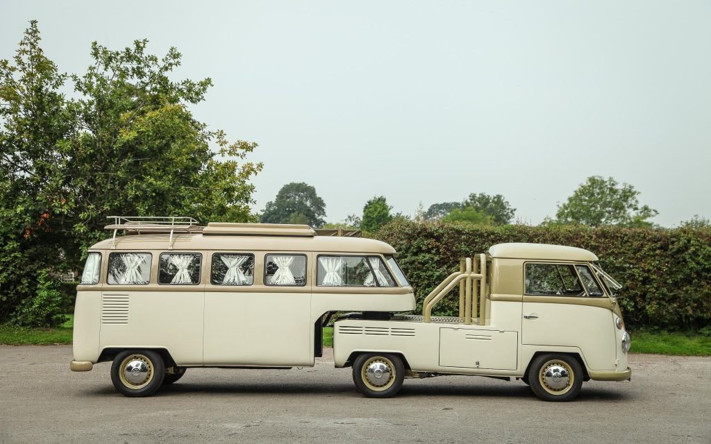 Volkswagen Type 2 and camper trailer side view