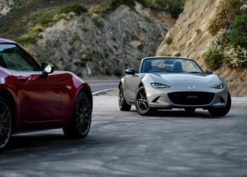Two 2024 Mazda MX-5 ND facelifts parked on side of road