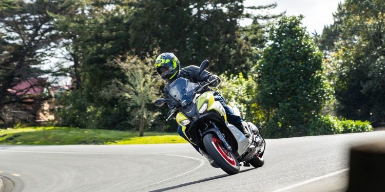 Aprilia SR GT200 scooter taking a corner