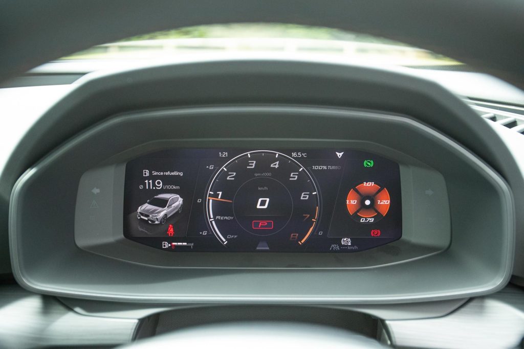 Cupra Formentor VZ instrument cluster close up, with G-meter