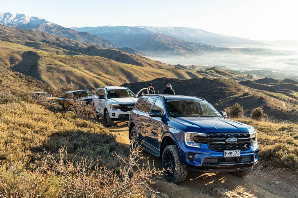 Ford Everests lined up while overlanding on the Carricktown track