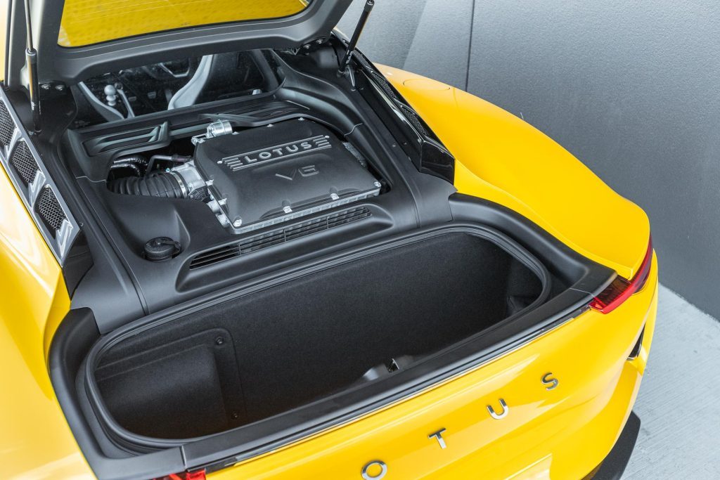 Lotus Emira V6 First Edition, with boot open showing 2GR supercharged engine