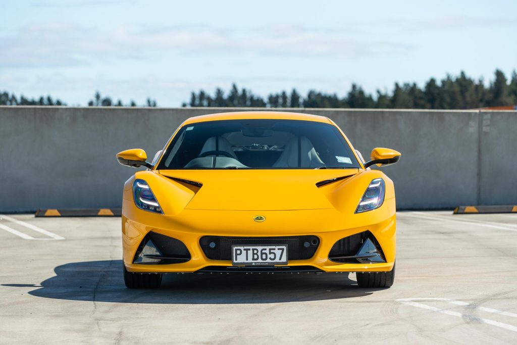 Lotus Emira V6 front on shot, in yellow