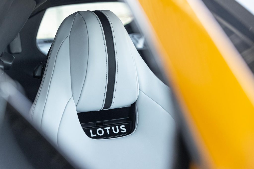 Detail shot of white leather Lotus Emira V6 seat
