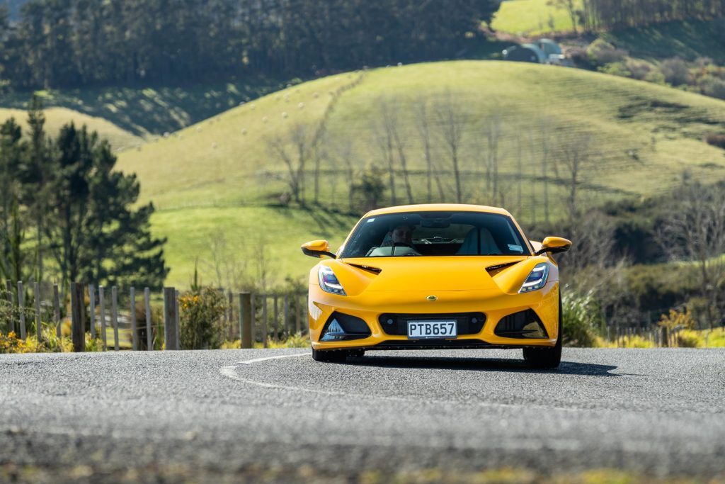 Subtle body roll of the Lotus Emira V6, shown while cornering at speed