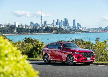 Mazda CX-60 Homura PHEV parked with Auckland city in background