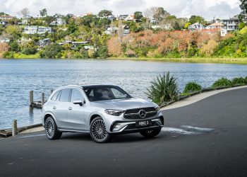 Mercedes-Benz GLC 300 parked next to a scenic lake