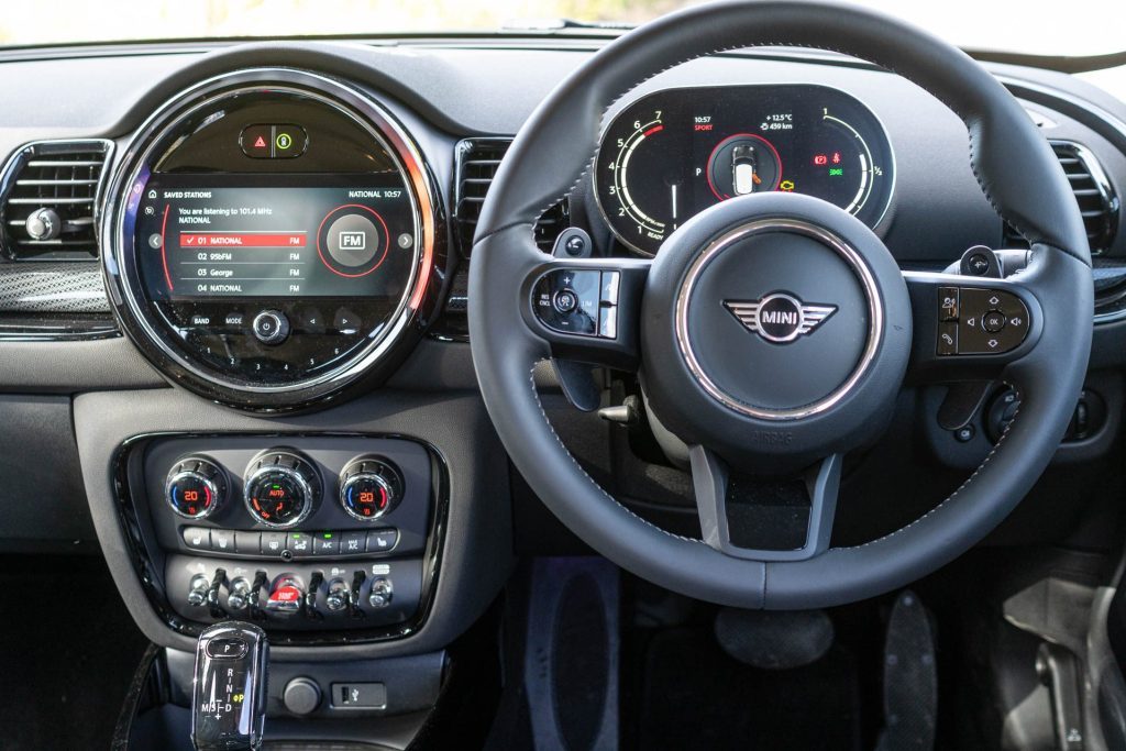 Front interior view of the Mini Clubman S, with steering wheel and dash
