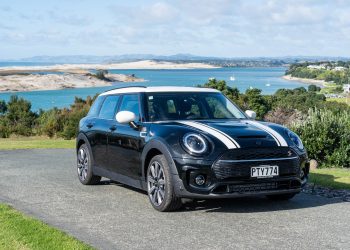 Mini Clubman S front shot, parked with waterfront behind