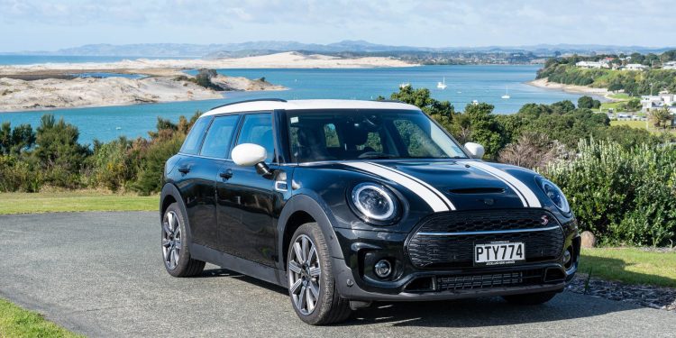 Mini Clubman S front shot, parked with waterfront behind