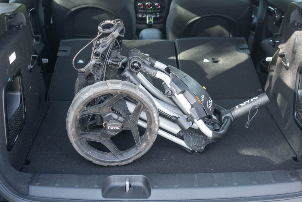 Boot of the Mini Clubman S, with golfing gear inside