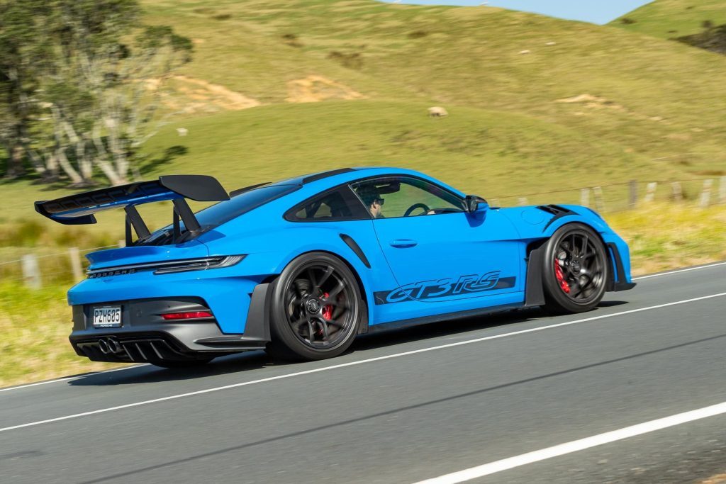 Rear flyby view of the Porsche 911 GT3 RS