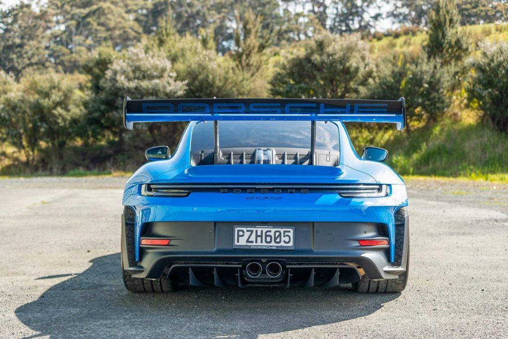 Porsche 911 GT3 RS rear profile shot, with huge wing
