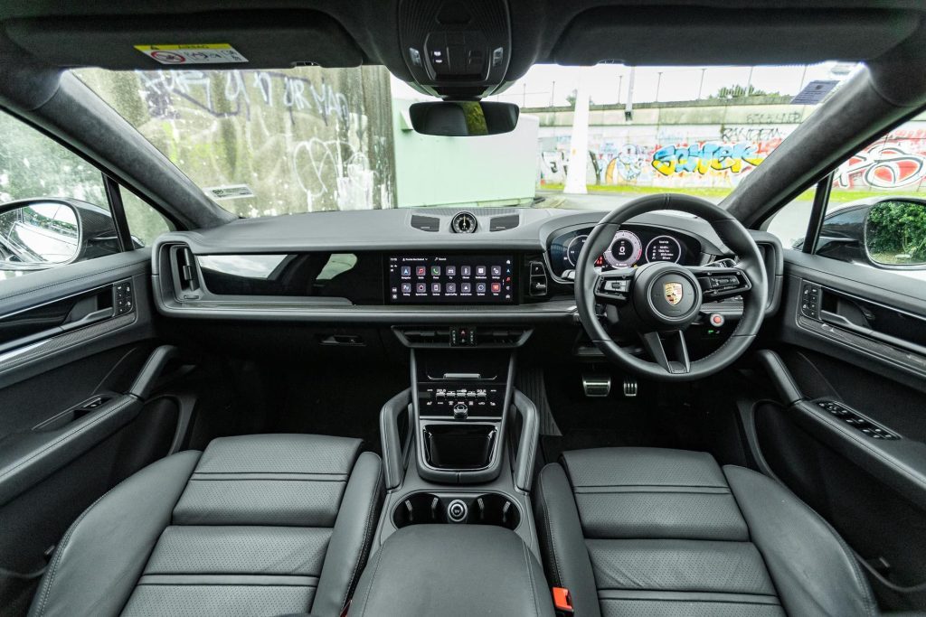 Porsche Cayenne Turbo GT front interior view wide shot showing full dash