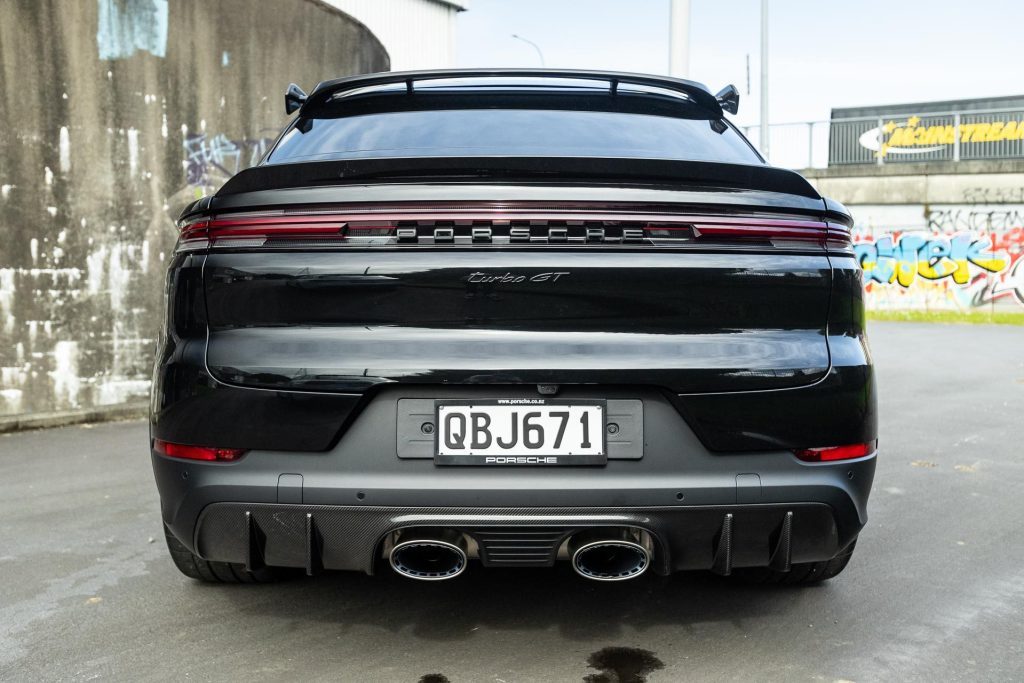 Menacing stance of the rear of the Porsche Cayenne Turbo GT, wide angle