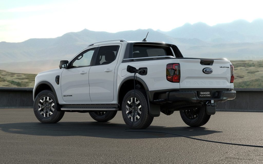 Ford Ranger plug-in hybrid with charging cable plugged in