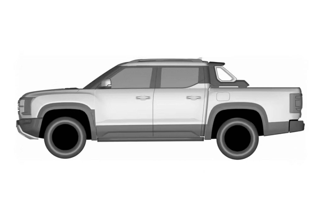 BYD electric ute patent rendering side profile view