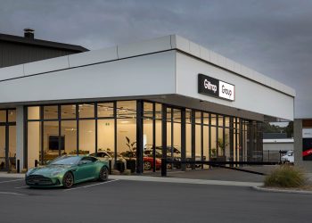 Aston Martin DB12 parked outside of Giltrap Christchurch showroom