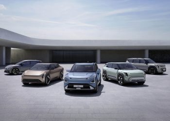 Collection of Kia EV models in a line