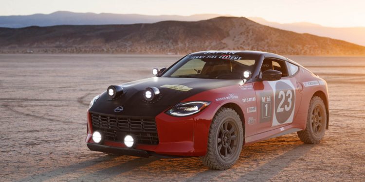 Nissan Safari Rally Z Tribute in desert at sunset