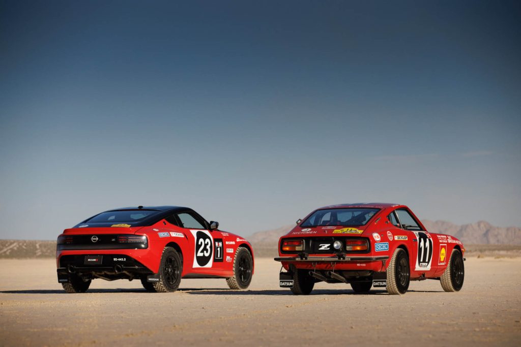 Nissan Safari Rally Z Tribute next to 240Z rally car