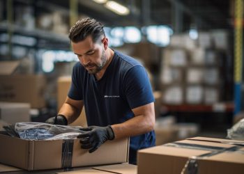 Man putting car parts in box