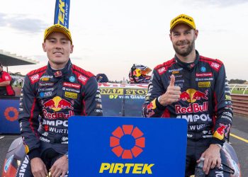 Shane van Gisbergen and Richie Stanaway sitting on Supercar