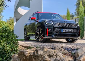 2024 Mini Countryman John Cooper Works front parked by sculpture and trees