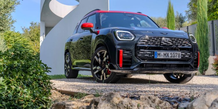 2024 Mini Countryman John Cooper Works front parked by sculpture and trees