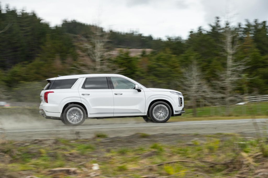 Panning side profile of the Hyundai Palisade pictured in white