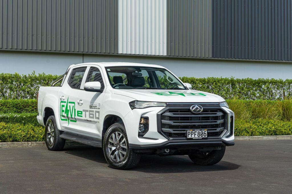 LDV e-T60 front quarter static shot, with signwriting on ute