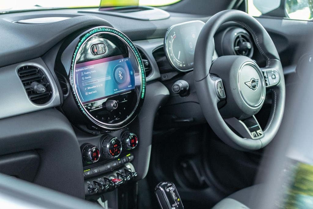 Interior of the Mini Cooper S Convertible, showing infotainment screen