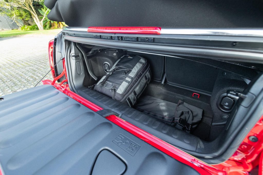 Boot of the Mini Cooper S Convertible, in red because the car is wrapped