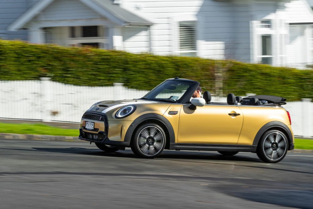 Mini Cooper S Convertible panning shot, in motion