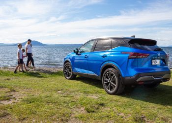 Nissan Qashqai e-Power rear quarter shot, parked on the waterfront