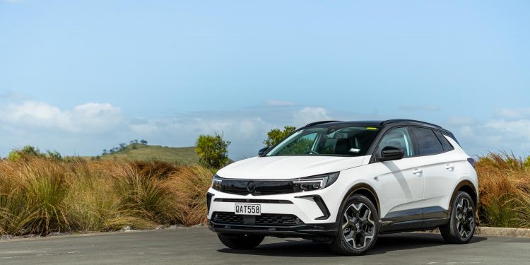 Opel Grandland Hybrid SRi parked next to bushes, in white