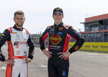 Andre Heimgartner and Matt Payne standing on grid at Taupo International Motorsport Park