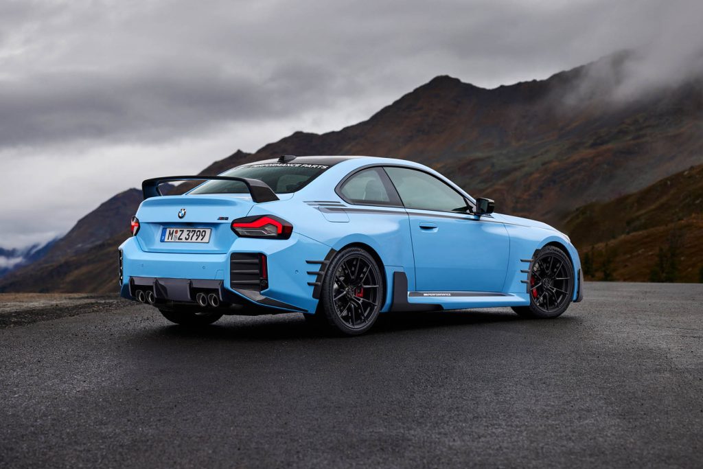 BMW M2 with centrelock wheels and carbon fibre add ons rear three quarter view