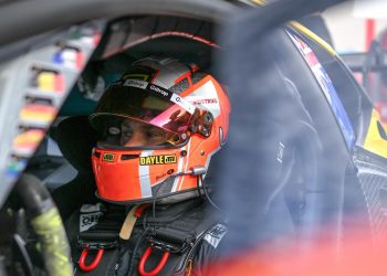 Brendon Leitch sitting in Lamborghini Super Trofeo car