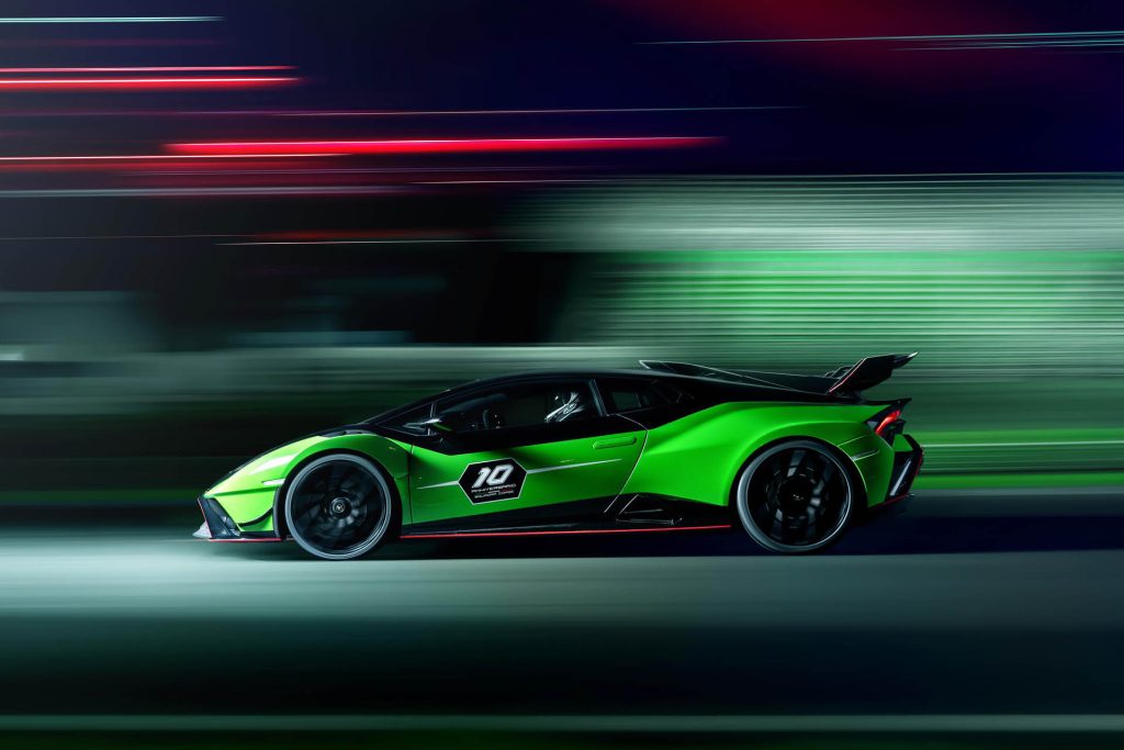 Lamborghini Huracan STO SC10 Anniversario side profile view at speed