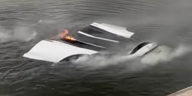 Tesla Model X on fire underwater