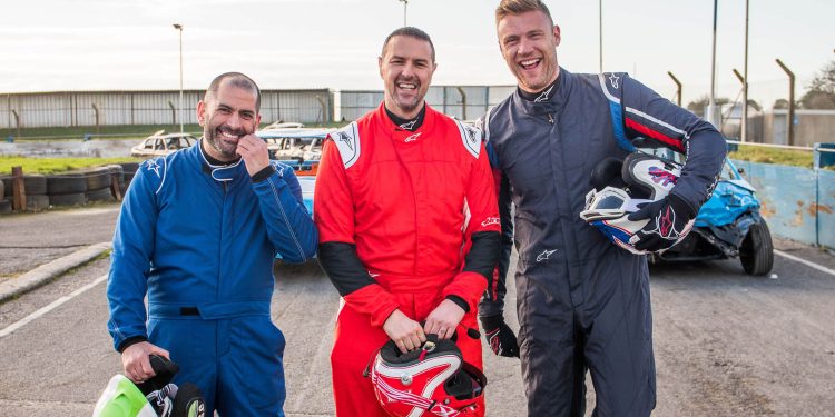 Top Gear presenters Chris Harris, Paddy McGuinness, and Freddie Flintoff in racing overalls