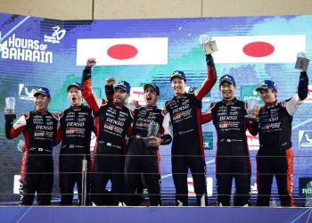 Brendon Hartley and Toyota Gazoo Racing teammates celebrating WEC win