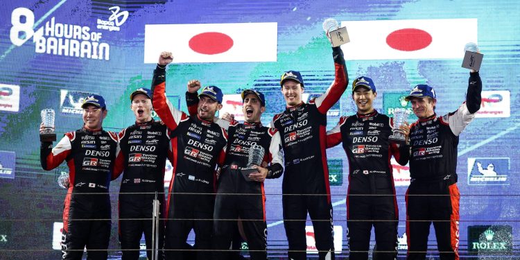 Brendon Hartley and Toyota Gazoo Racing teammates celebrating WEC win