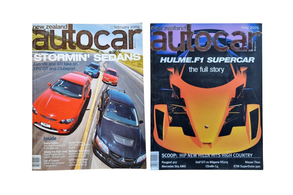 2004 and 2005 NZ Autocar covers, showing the Hulme F1, and Falcons vs Evos