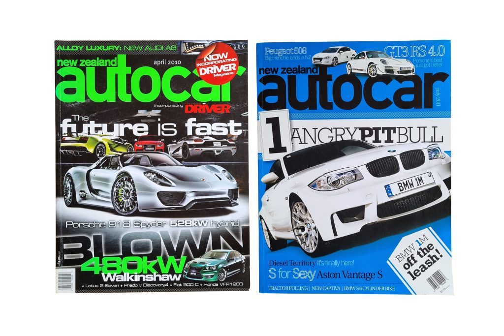 2010 and 2011 NZ Autocar covers, showing Porsche 918, and BMW 1M