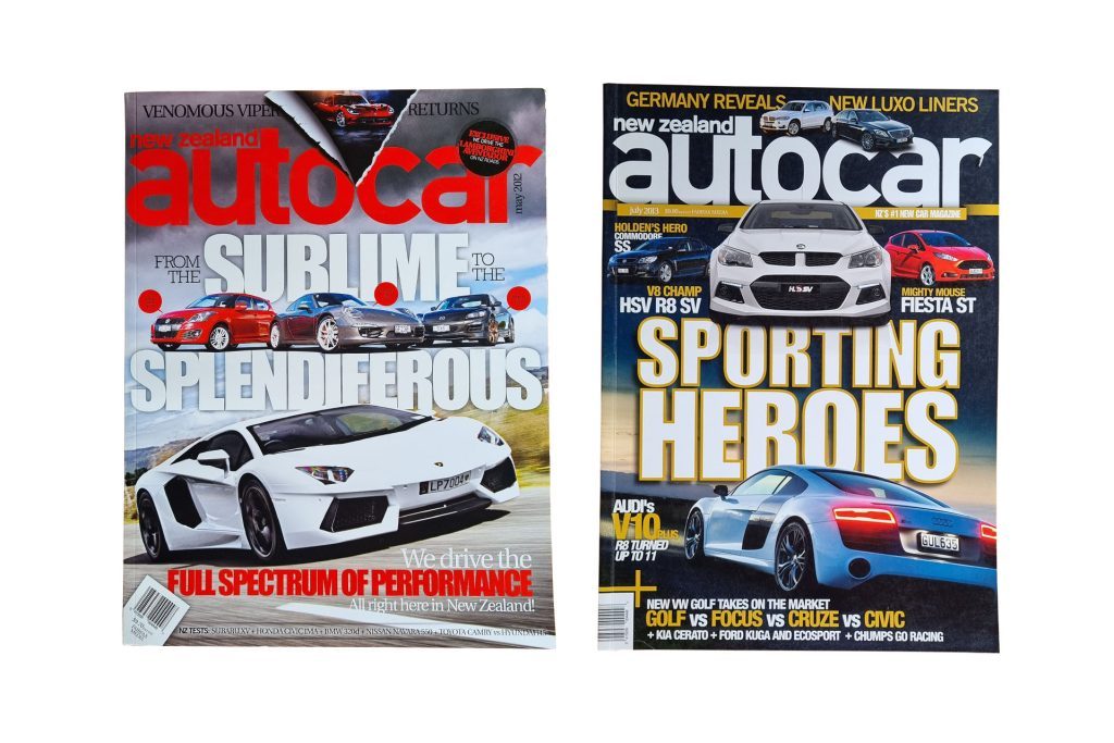 2012 and 2013 NZ Autocar covers, showing Aventador and Audi R8 V10