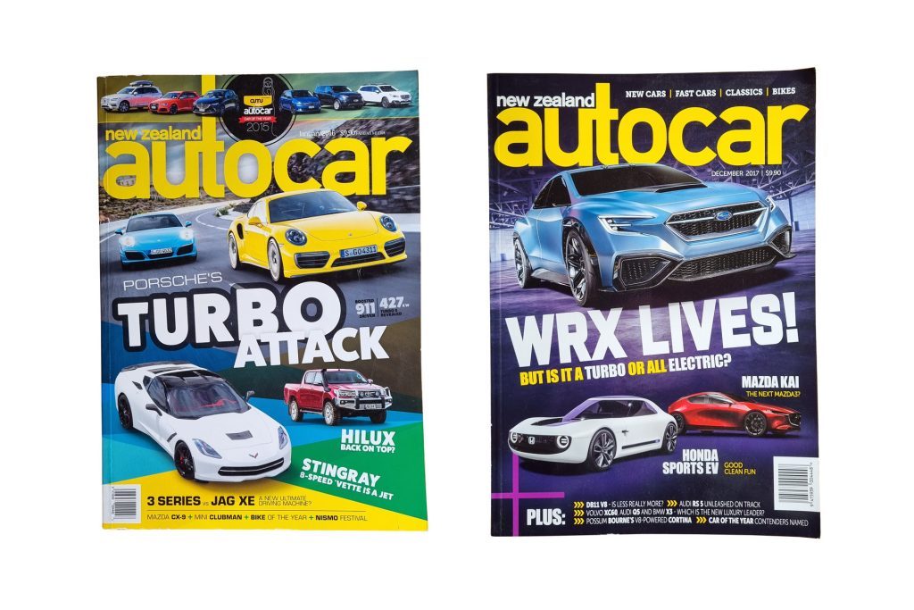 2016 and 2017 NZ Autocar covers, with Porsche 911, Clorvette, and Subaru WRX 