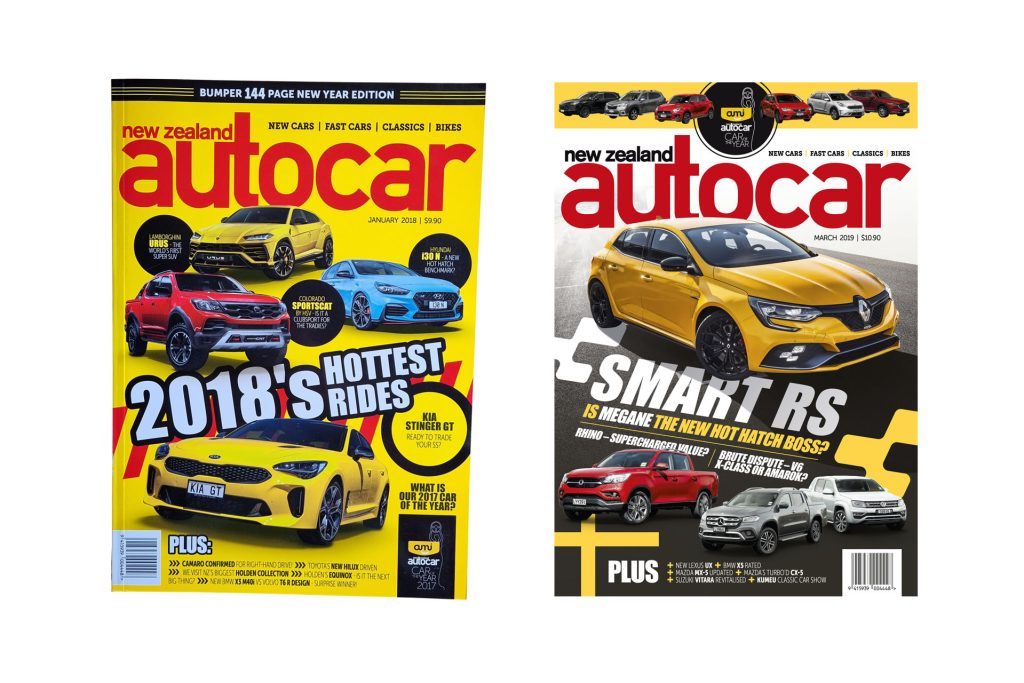 2018 and 2019 covers from NZ Autocar, featuring Kia Stinger and Megane RS