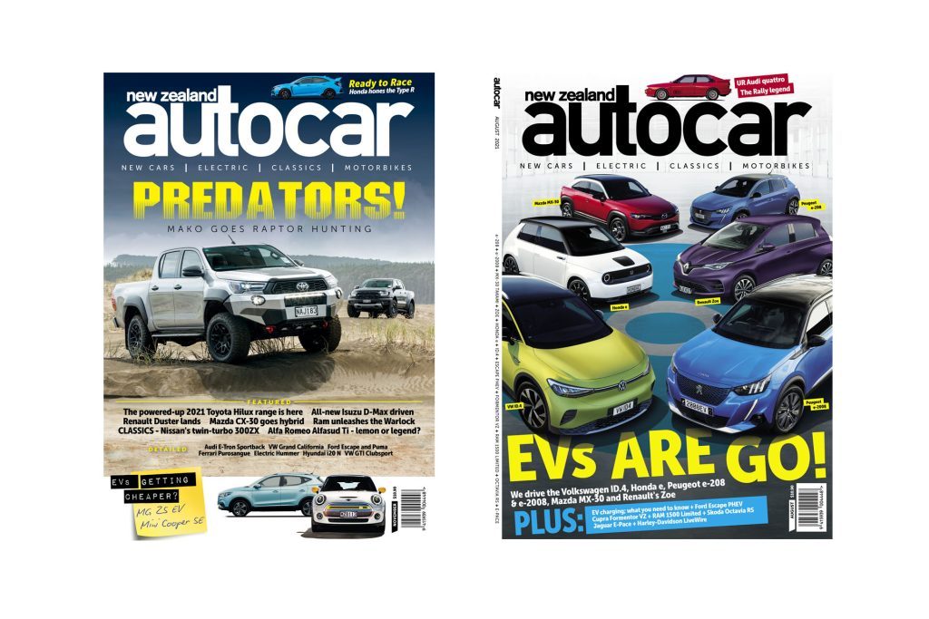 2020 and 2021 NZ Autocar covers, featuring Hilux. and lineup of EV hatches